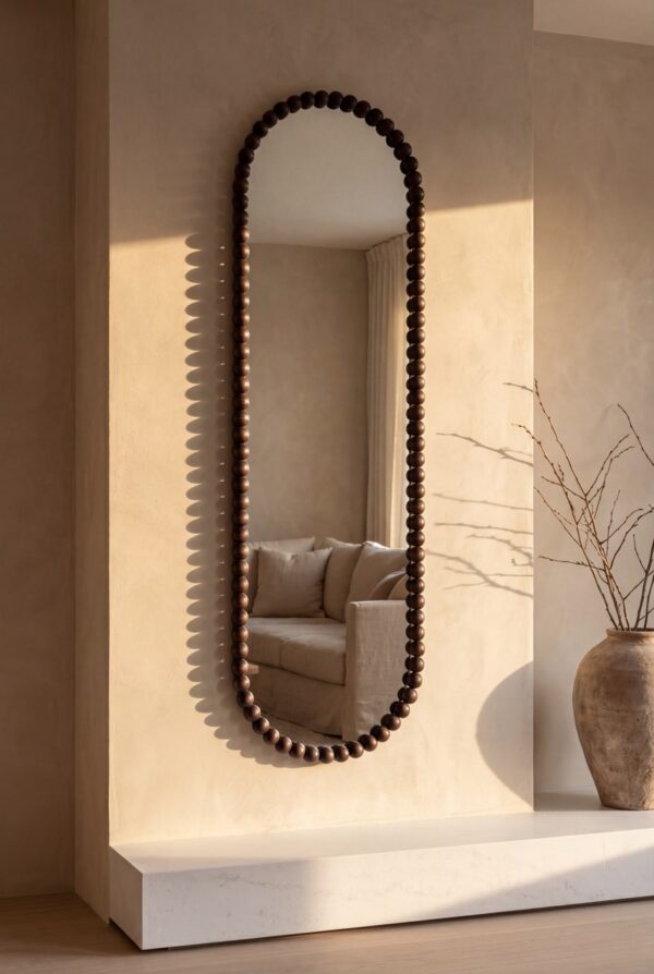 Miroir ovale – perles en bois 170 × 50 cm – noyer