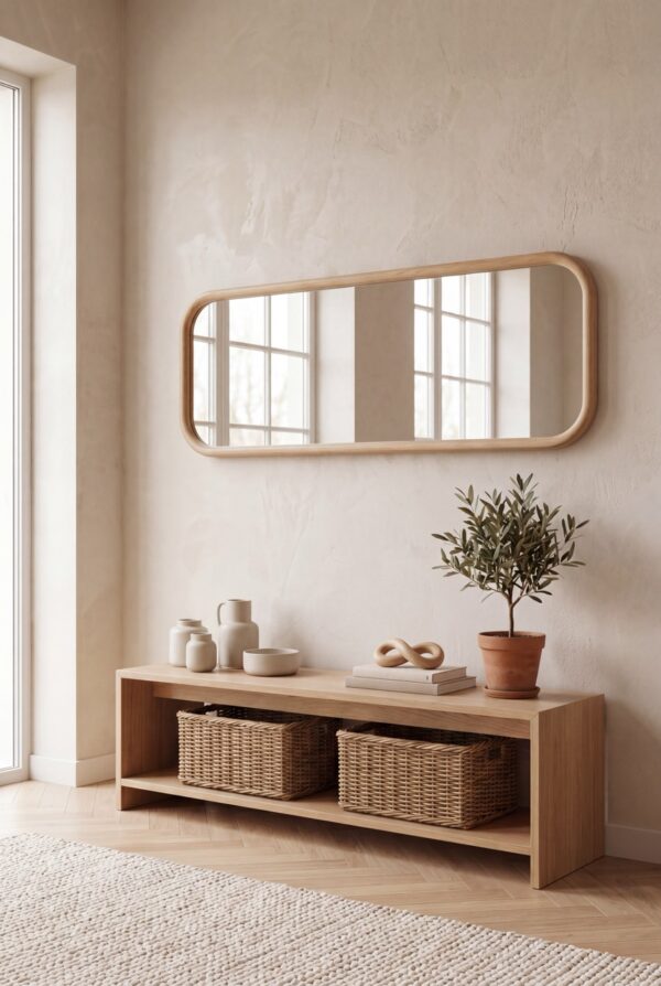Rechthoekige spiegel met afgeronde hoek – hout 180×60 cm – naturel