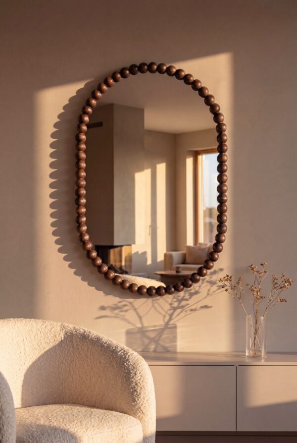 Miroir ovale – perles en bois 90 × 60 cm – noyer